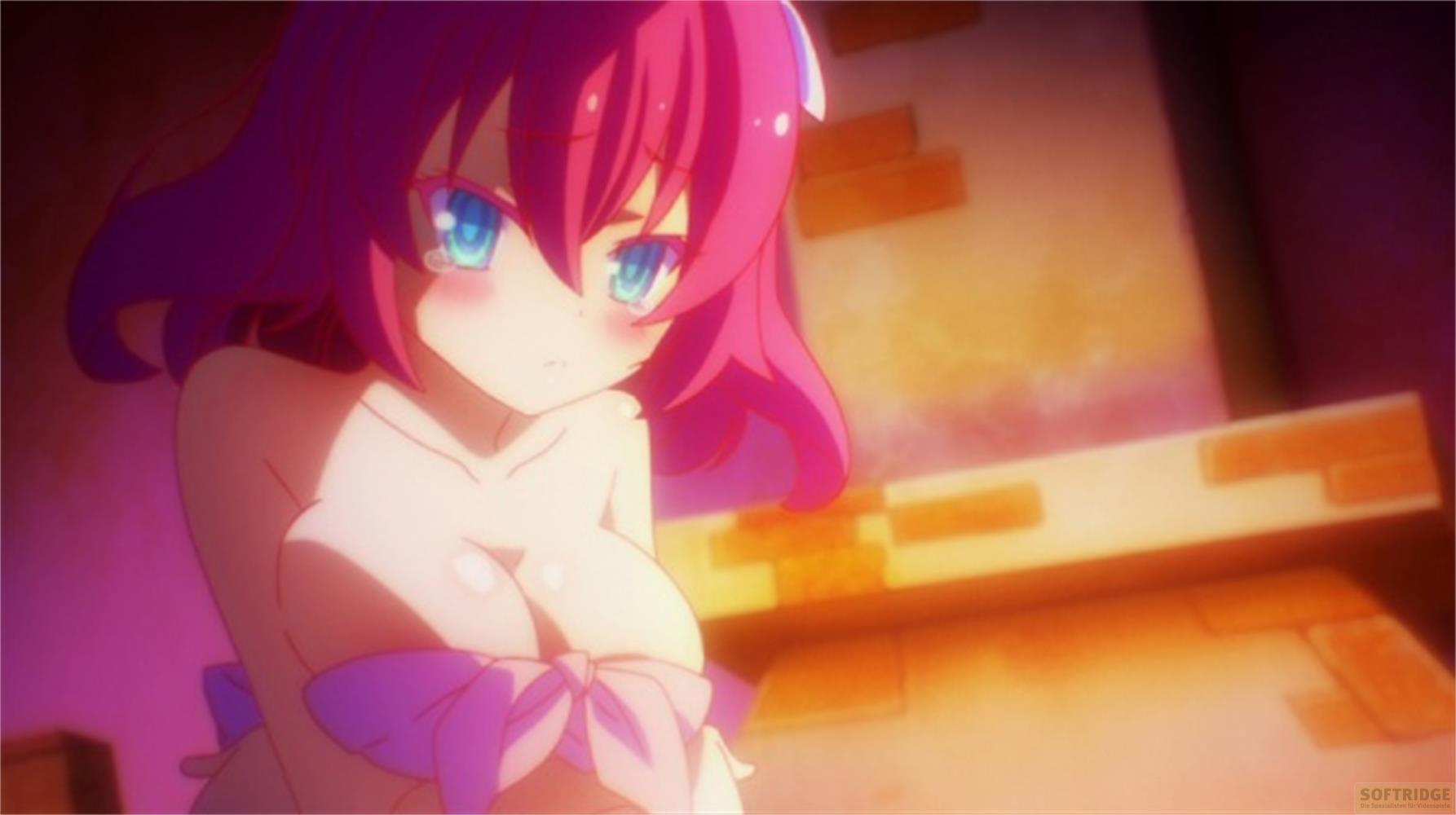 Una ragazza anime con capelli rosa e occhi blu indossa un nastro viola.
