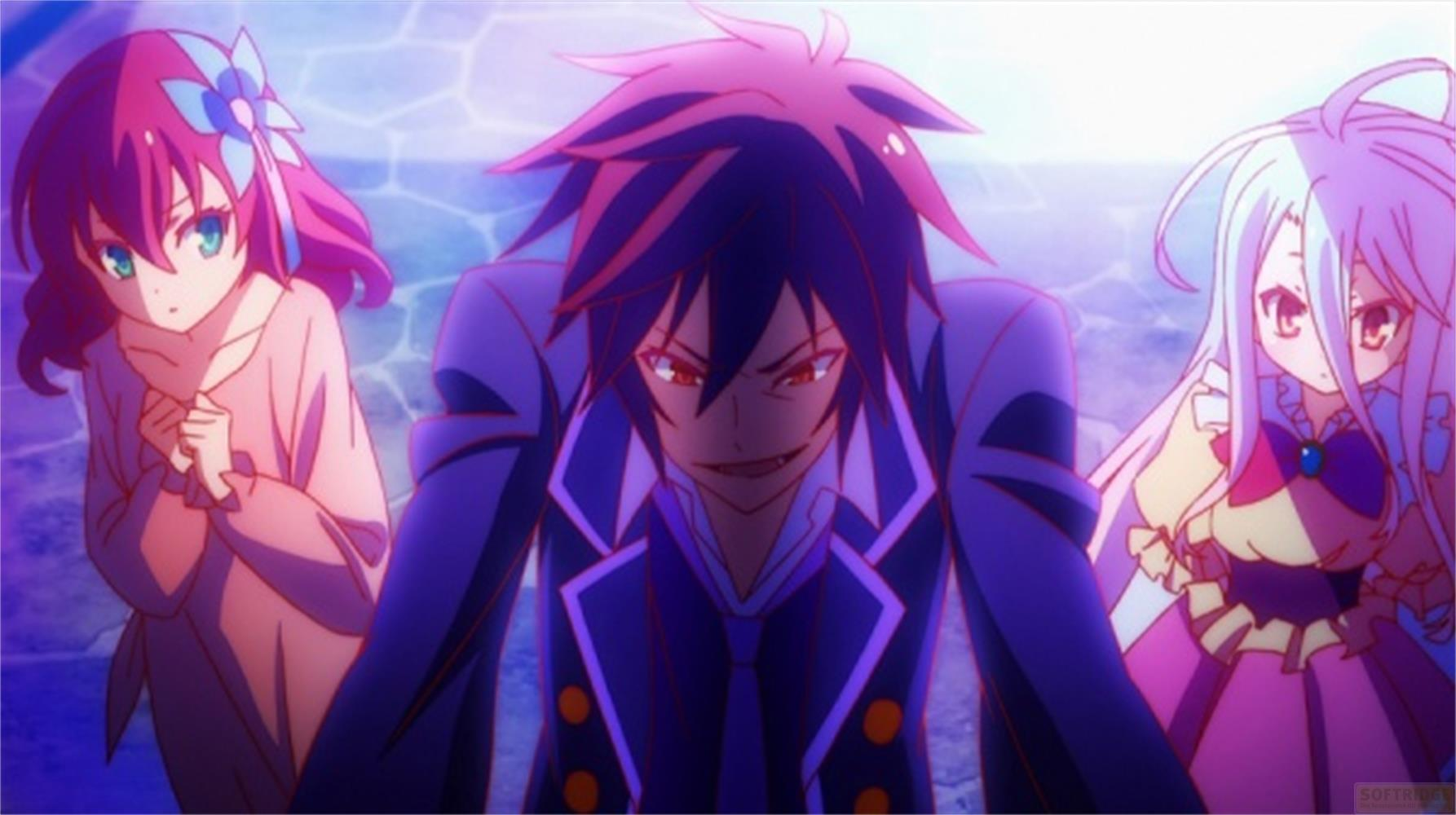 Tre personaggi anime con capelli colorati stanno insieme, quello al centro guarda avanti.
