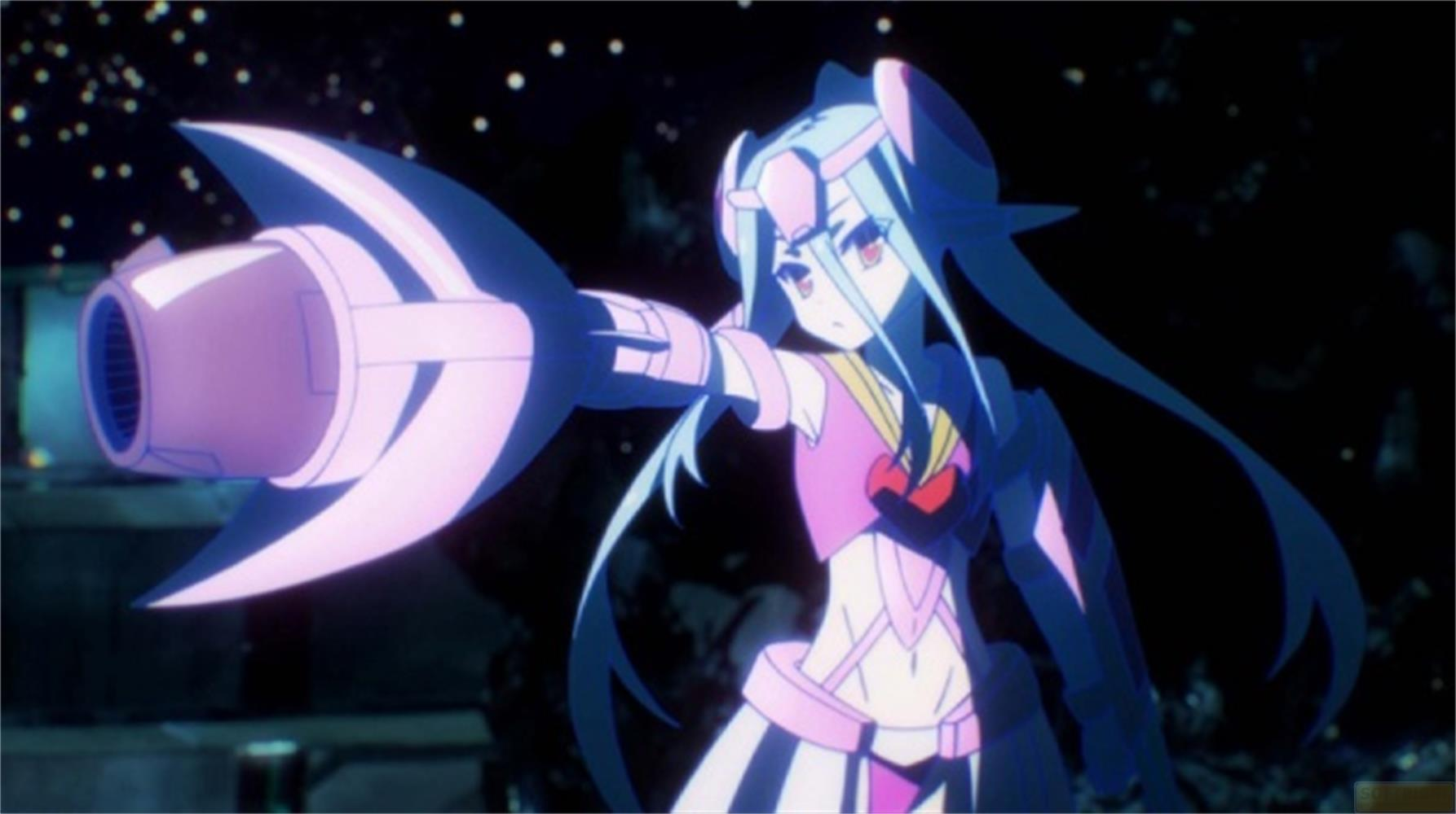 Un personaggio anime con capelli blu e outfit rosa che tiene un'arma.