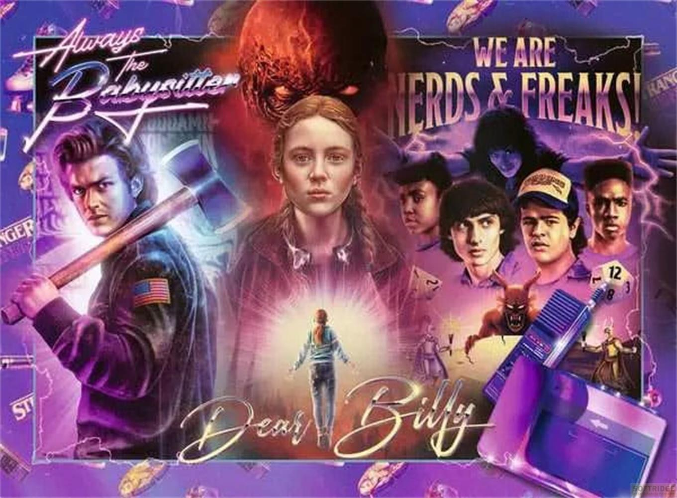 Poster di Stranger Things con personaggi e mostri. Steve con ascia, Max al centro.