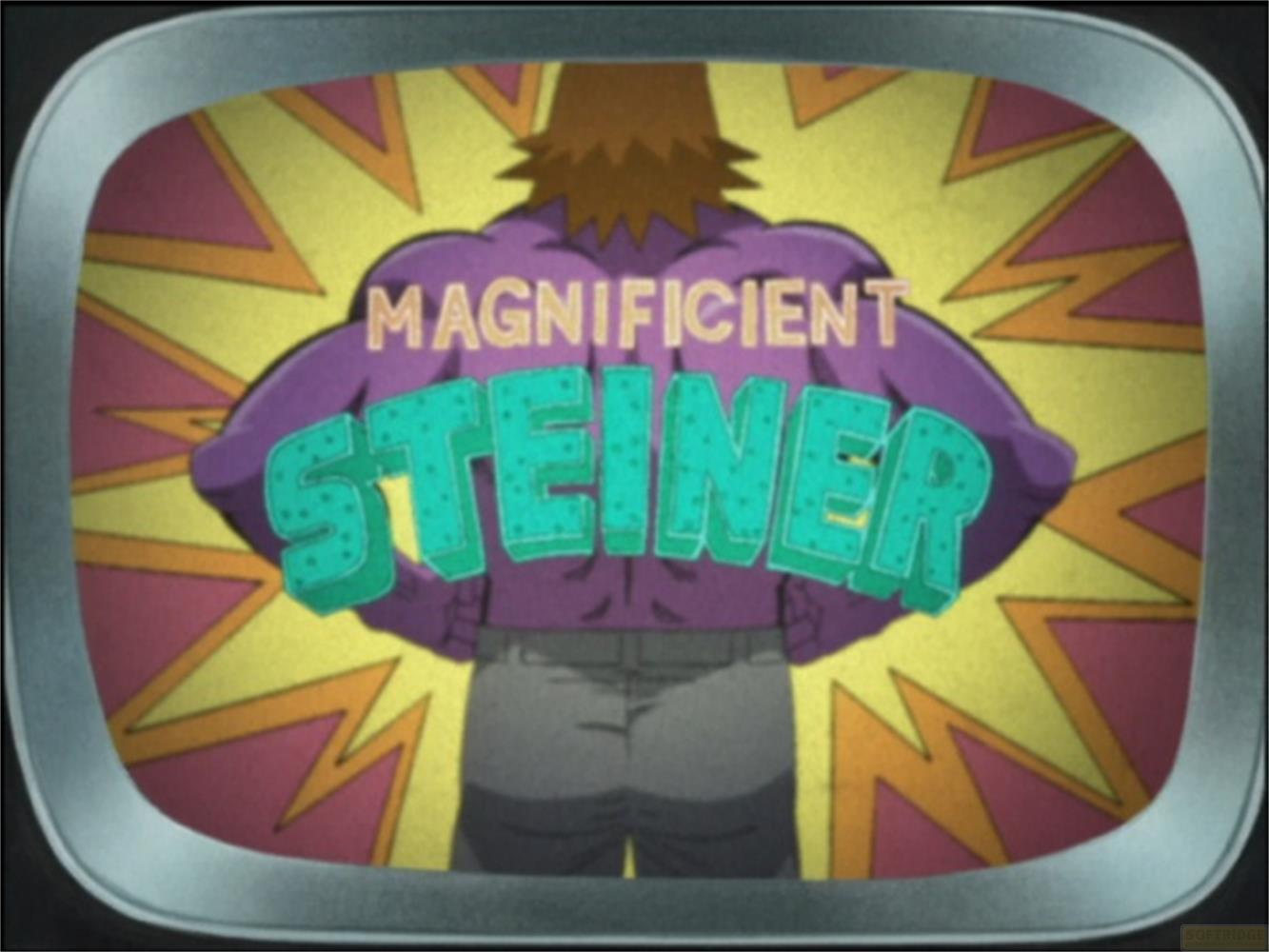Un uomo muscoloso con braccia viola e capelli castani indossa "MAGNIFICENT STEINER".