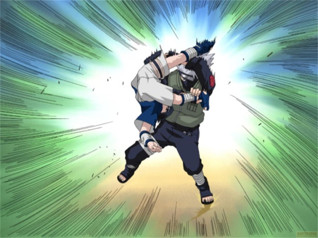 Due personaggi anime in lotta, uno indossa un gilet verde.