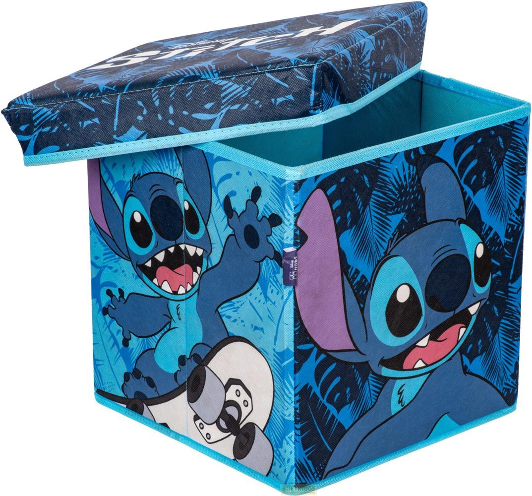 Blauer Aufbewahrungsbehälter mit Stitch-Motiv und offenem Deckel.