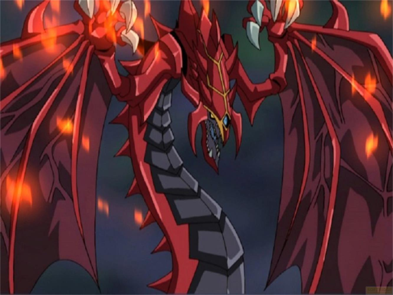Un drago rosso con placche corazzate nere e fuoco sulle ali.