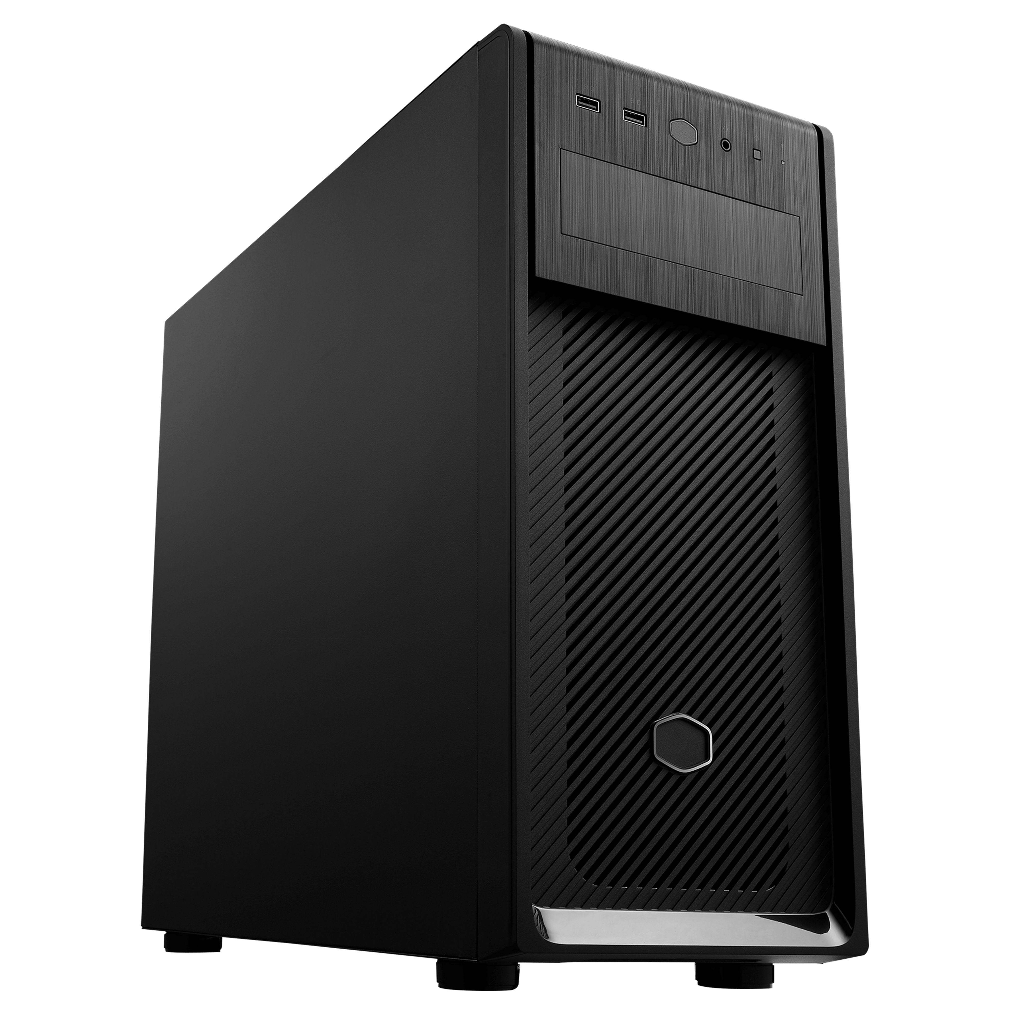 Black computer tower with USB ports and vents on the front.