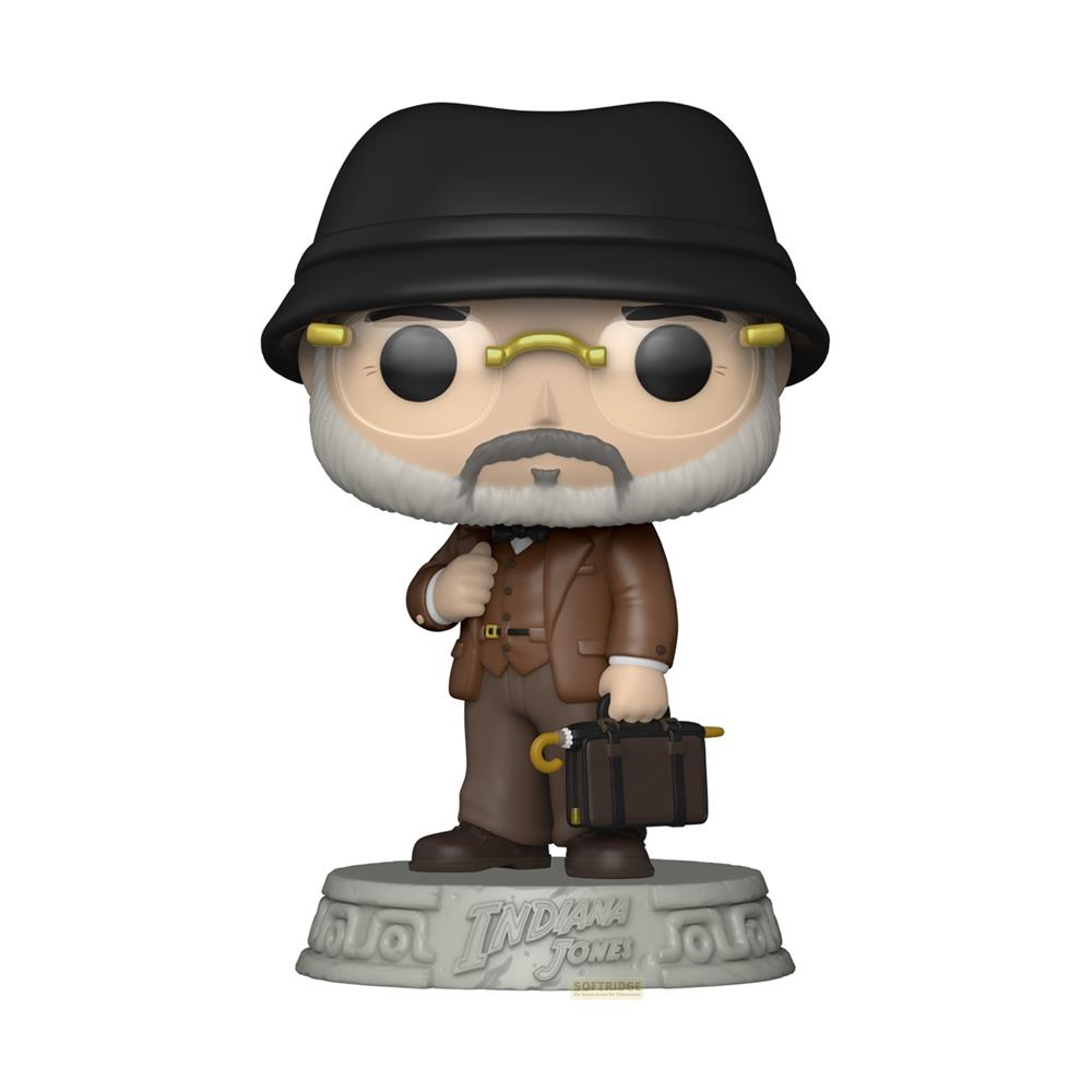 Indiana Jones figuur met hoed, bril, bruin pak en aktetas op een sokkel.