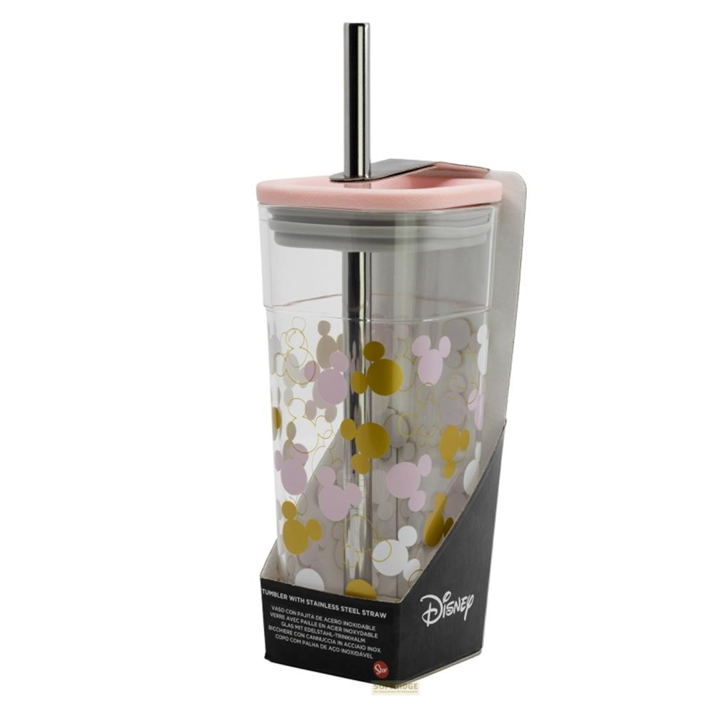 Vaso transparente con tapa rosa, estampado de Mickey Mouse y pajita de acero.
