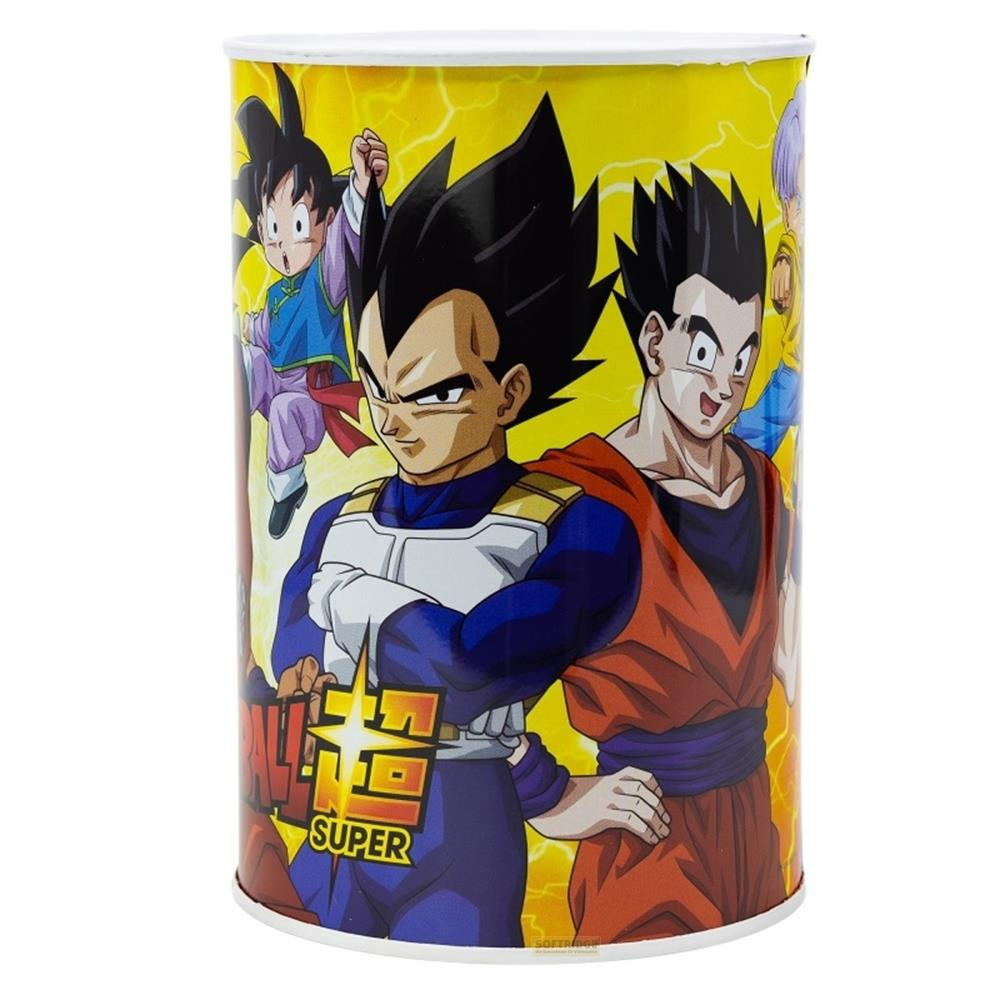 Una lata amarilla con personajes de Dragon Ball Z, incluyendo Vegeta y Gohan.