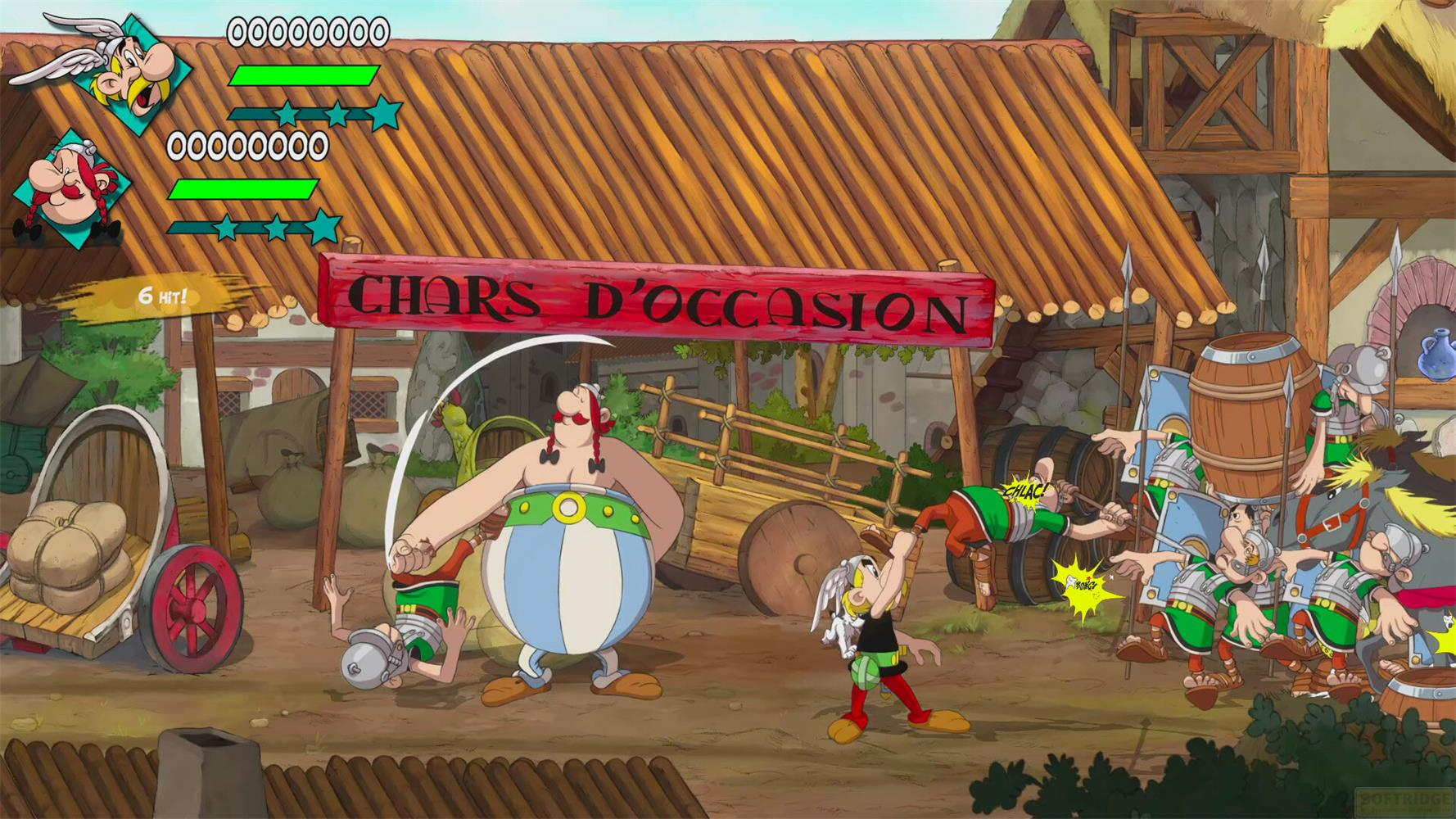 Asterix i Obelix walczą z rzymskimi żołnierzami przed budynkiem z szyldem.