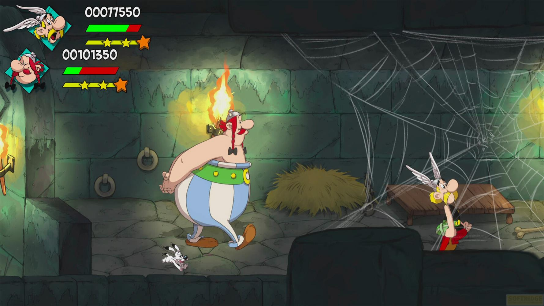 Asterix i Obelix w kamiennej jaskini. Obelix goni psa.