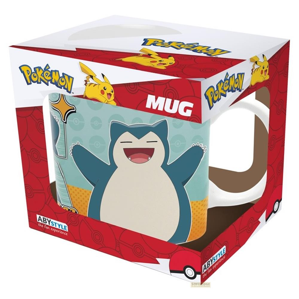 Eine Pokémon-Tasse mit Snorlax und Pikachu auf der Verpackung.