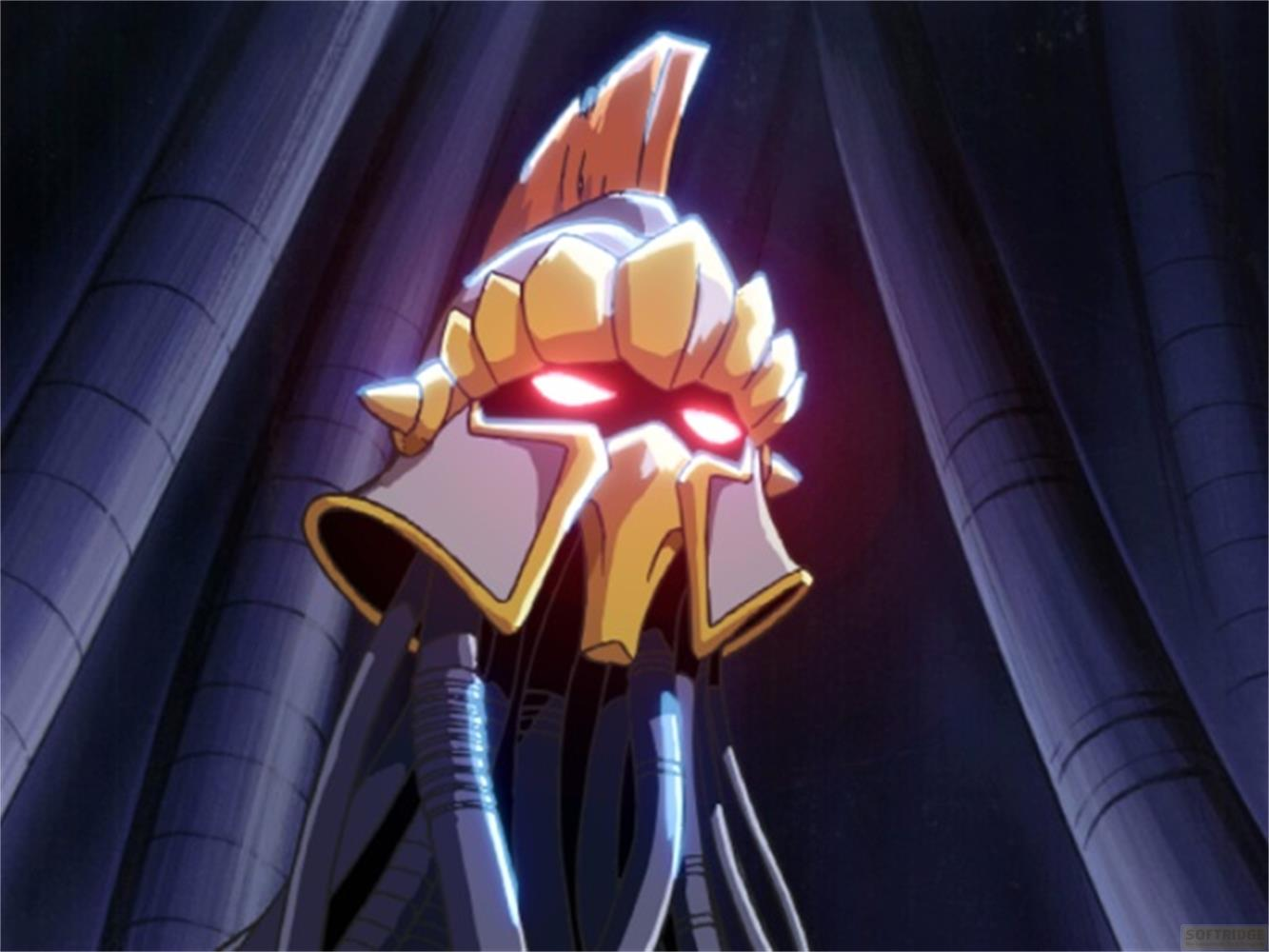 Ein goldener Helm mit roten Augen und Rohren darunter vor dunklen Säulen.