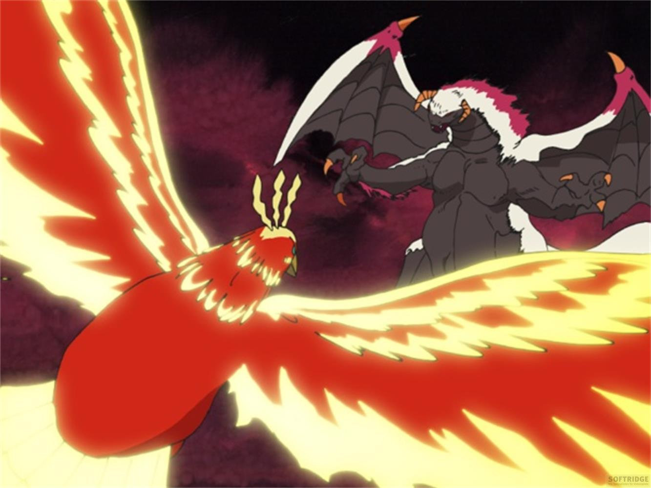 Ein roter Vogel mit Flammenflügeln kämpft gegen einen schwarzen Drachen.