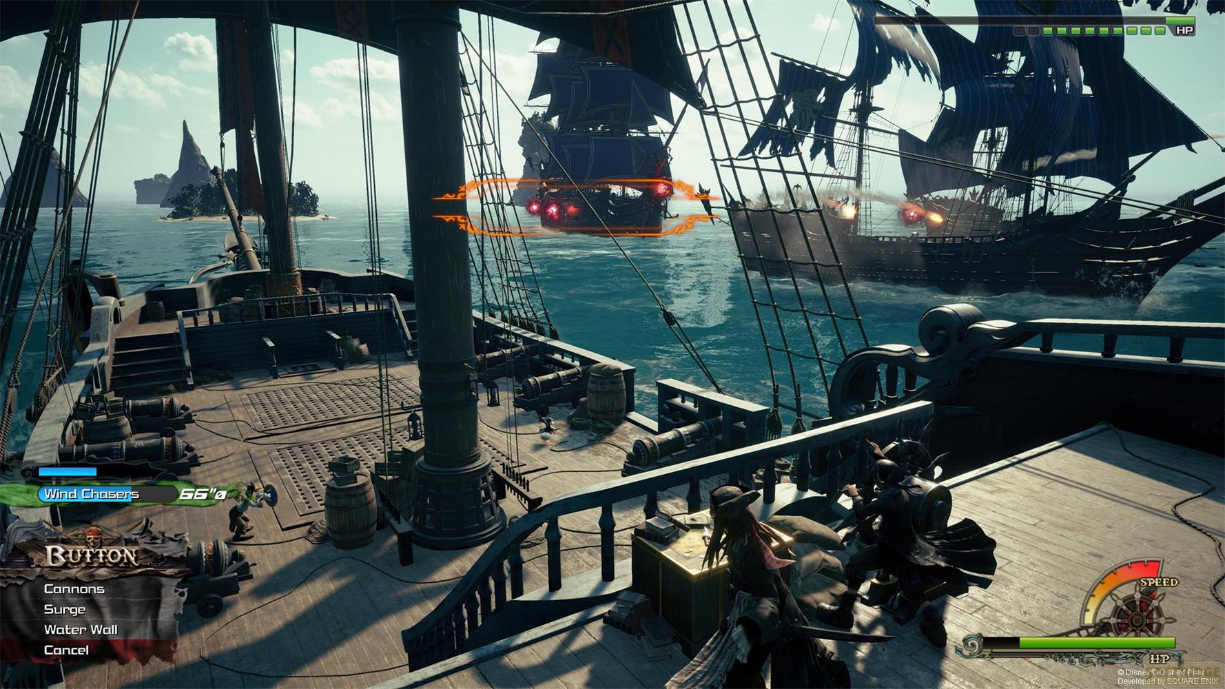 Deux navires pirates se battent en mer, avec canons et voiles.