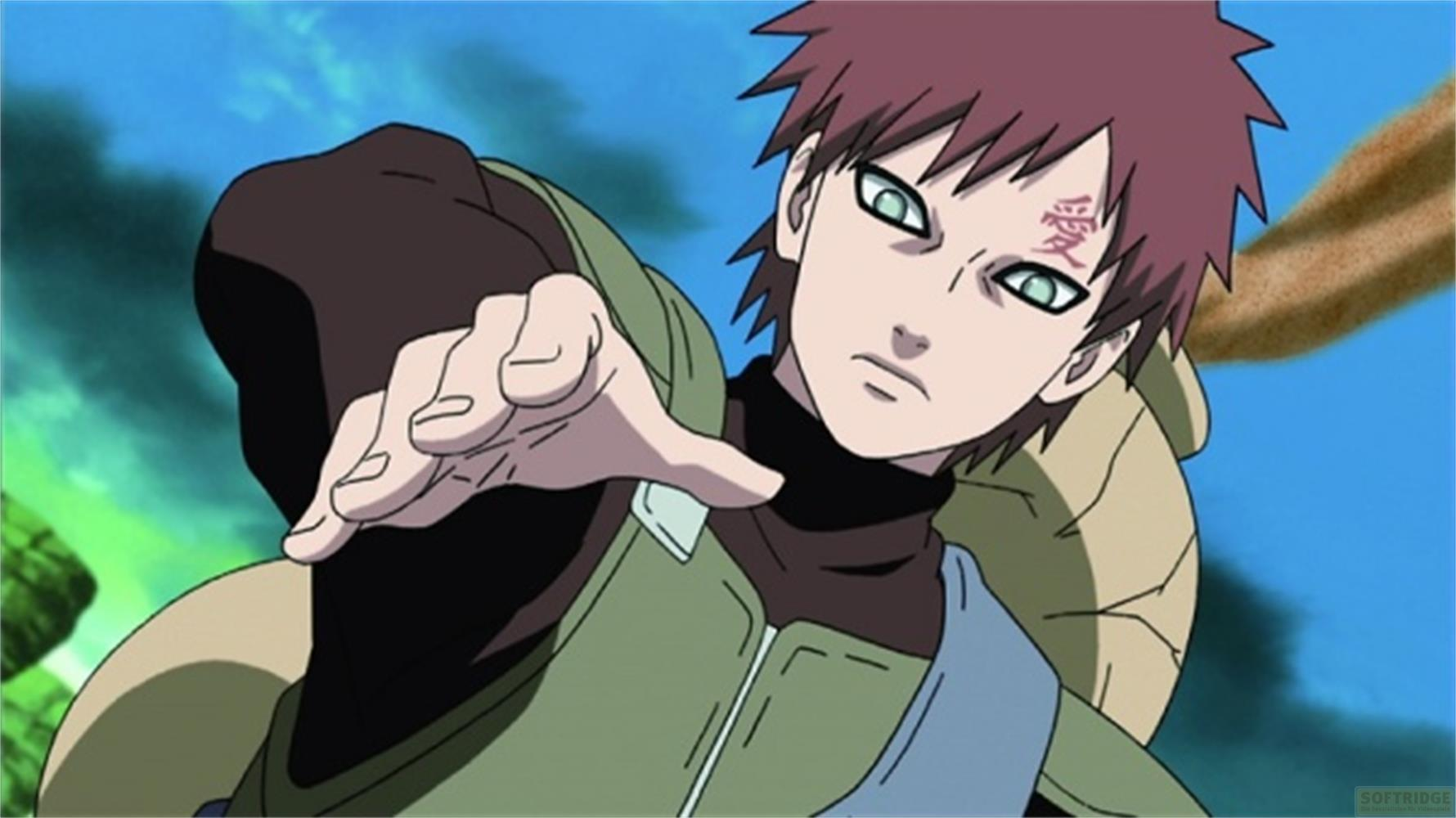 Un personaggio anime con capelli castani e occhi verdi allunga la mano.