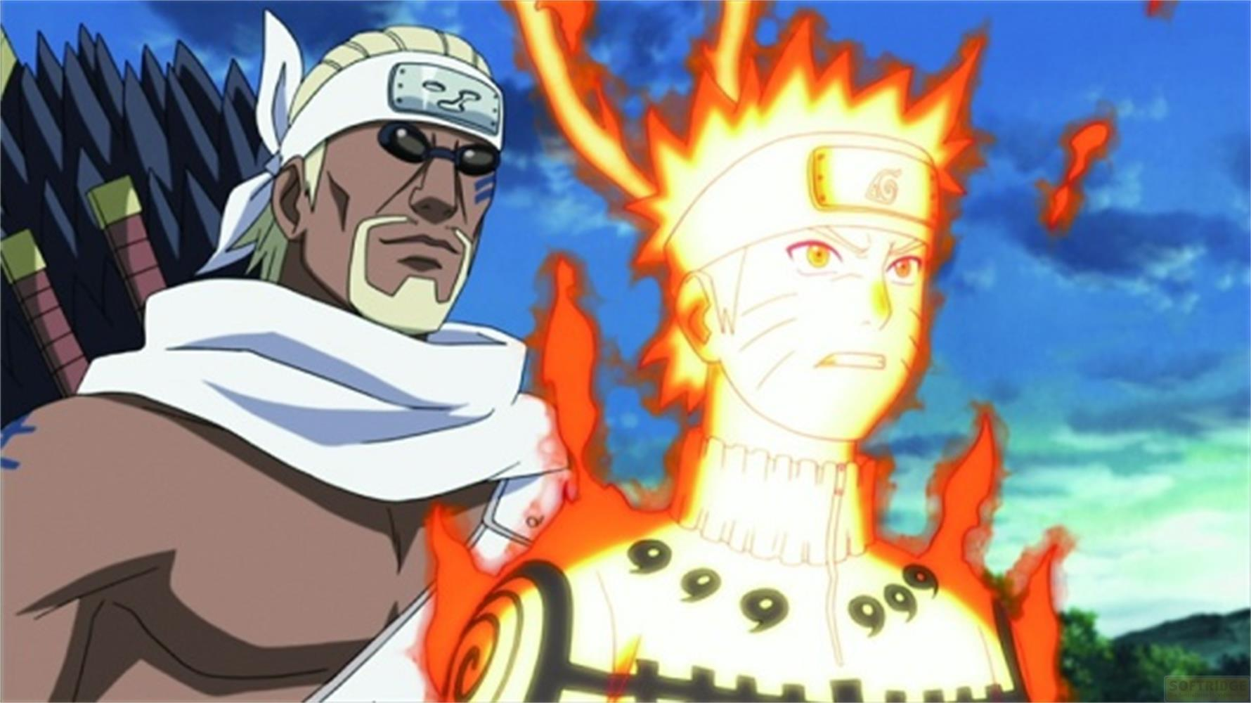 Killer Bee e Naruto in fiamme contro il cielo blu.