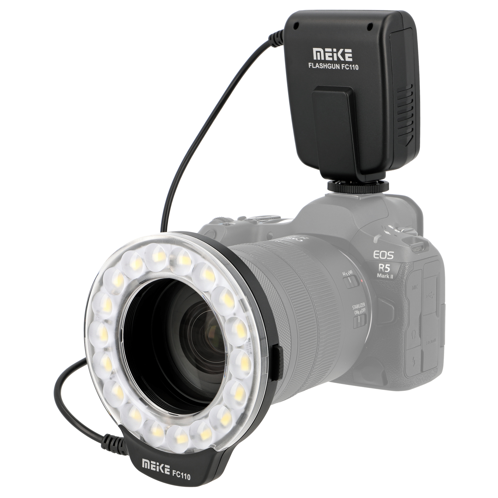 Ein schwarzes Ringlicht mit 24 LEDs und ein Blitzgerät sind an einer grauen Kamera befestigt.