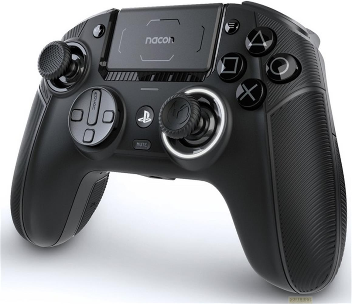 Czarny kontroler Nacon z dwoma joystickami, przyciskami i panelem dotykowym.