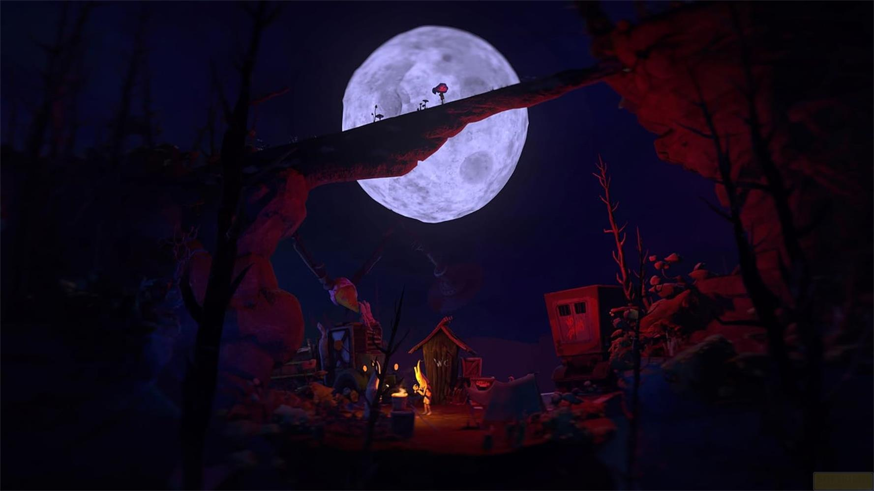 Una piccola figura sta davanti a un falò sotto una luna gigante.