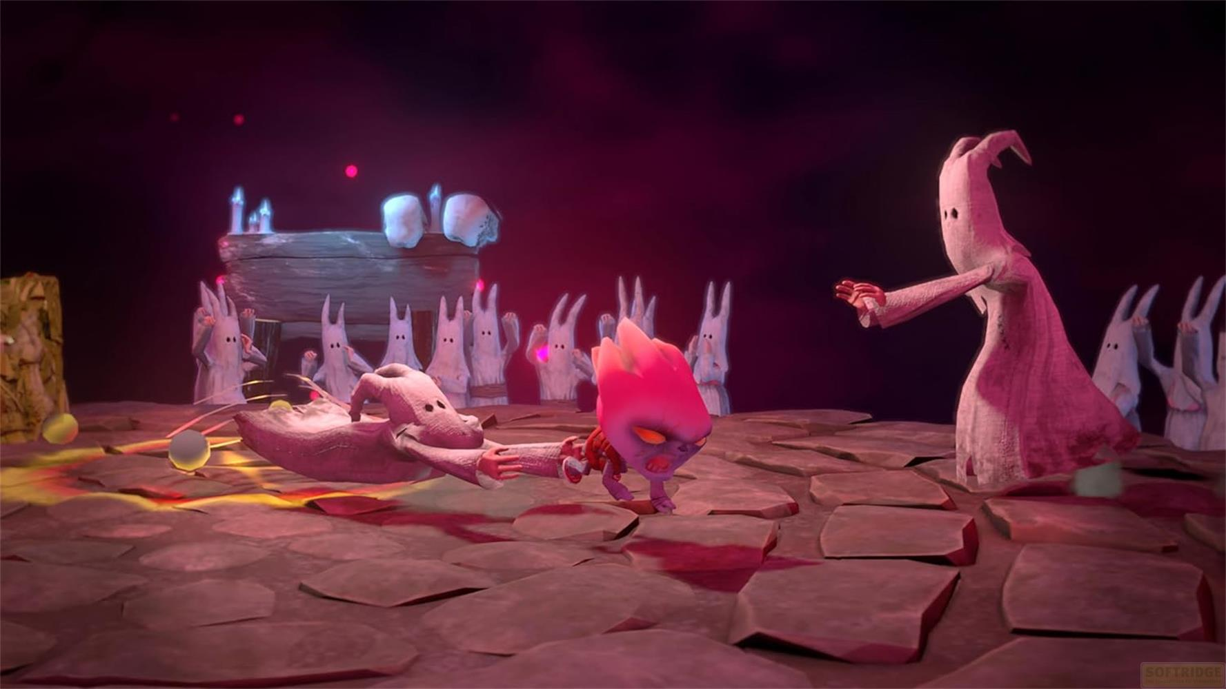 Un mostro rosa trascina una creatura in veste mentre altri osservano.