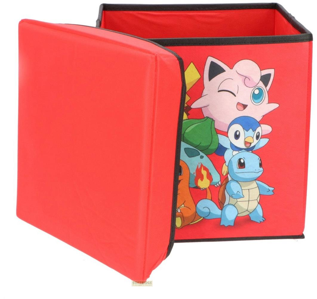 Ein roter Aufbewahrungsbehälter mit Pokémon-Motiven wie Jigglypuff, Piplup, Squirtle und Charmander.