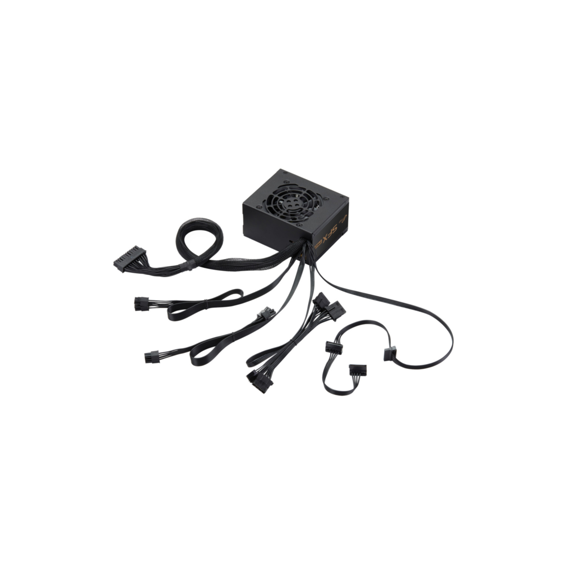 Czarny zasilacz z wentylatorem i wieloma kablami.