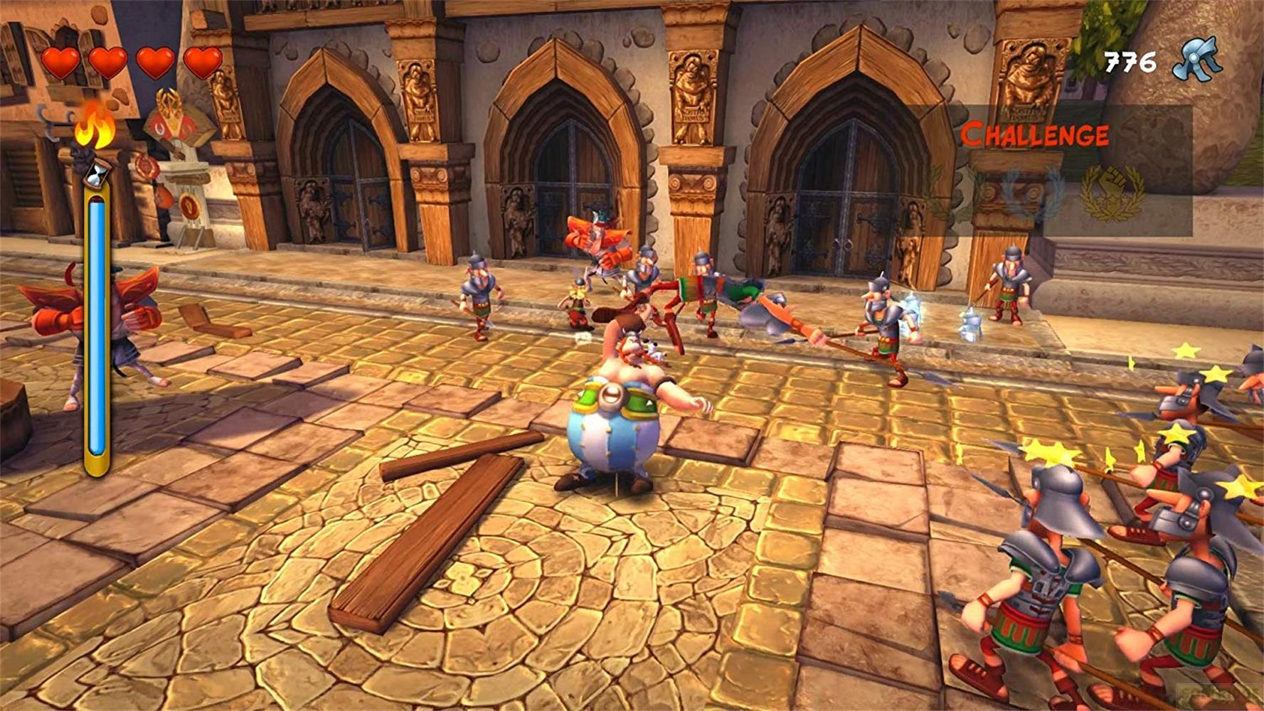 Astérix combat des soldats romains devant un château. Une barre de vie est à gauche.