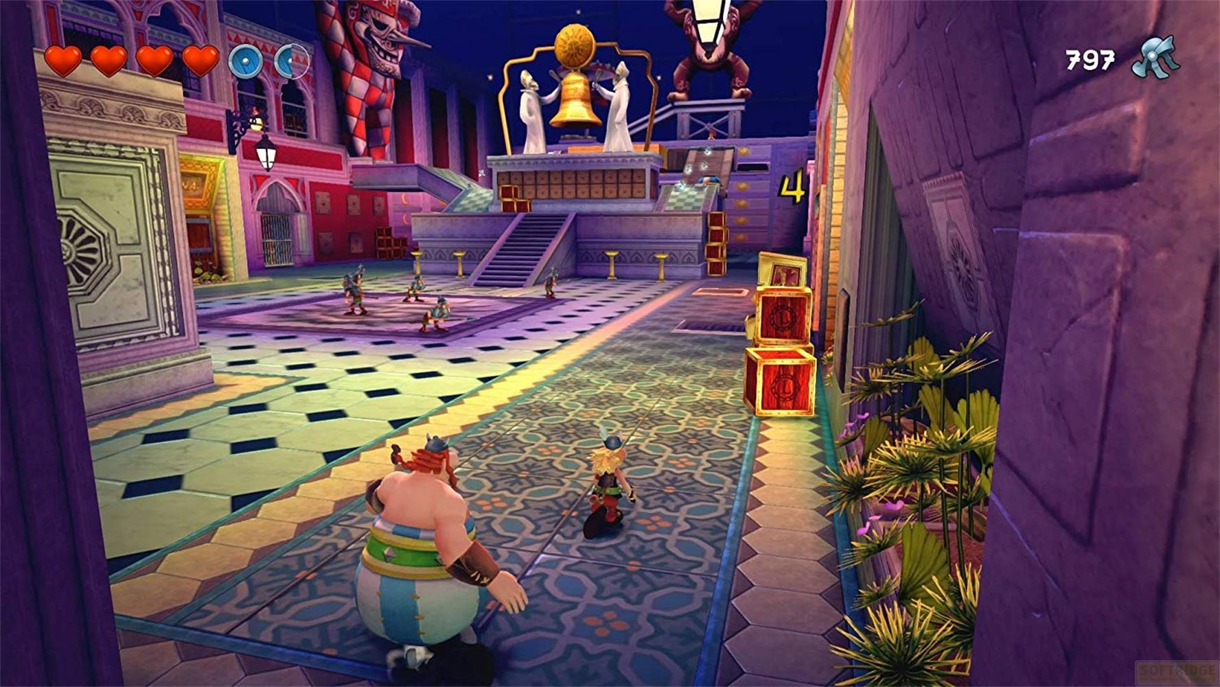 Deux personnages dans un monde de jeu coloré avec une grande cloche.