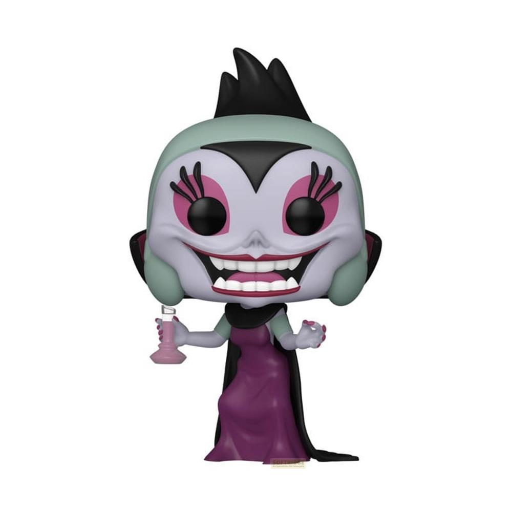 Statua Funko Pop di personaggio viola, pelle verde acqua e capelli neri.
