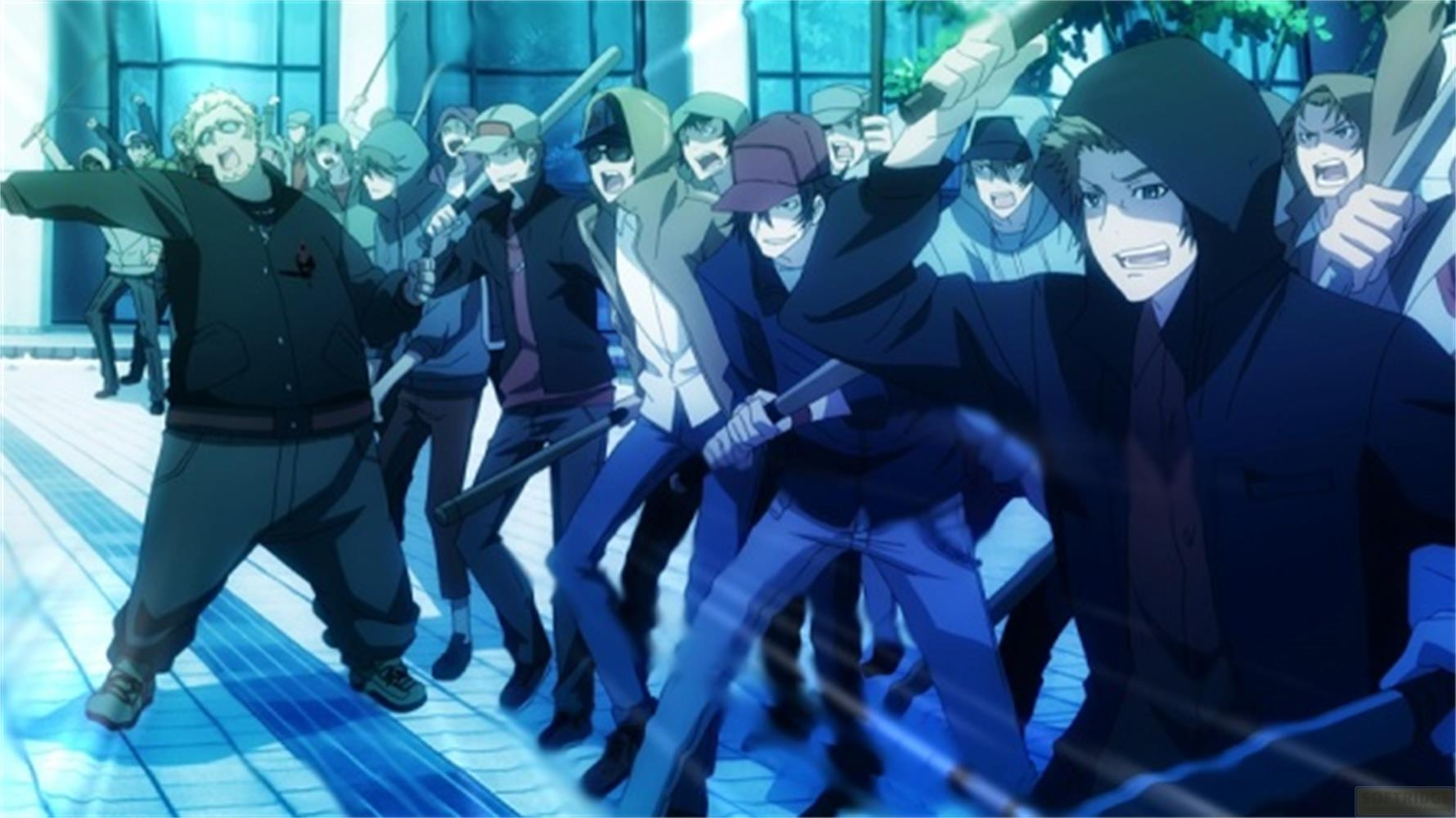 Un gruppo di giovani in stile anime con bastoni, che urlano arrabbiati.