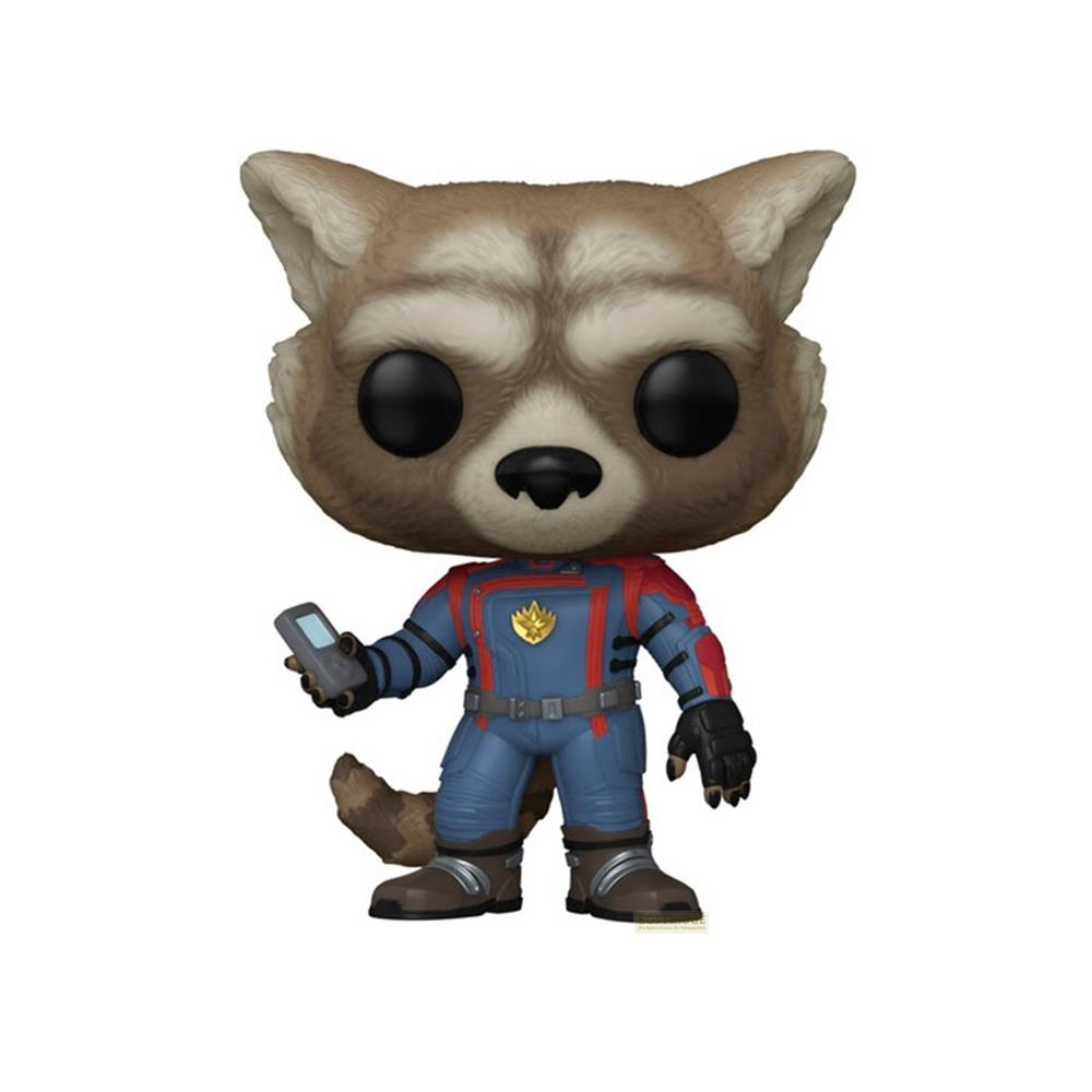 Eine Funko Pop-Figur eines Waschbären in blauer Kleidung mit einem goldenen Abzeichen.
