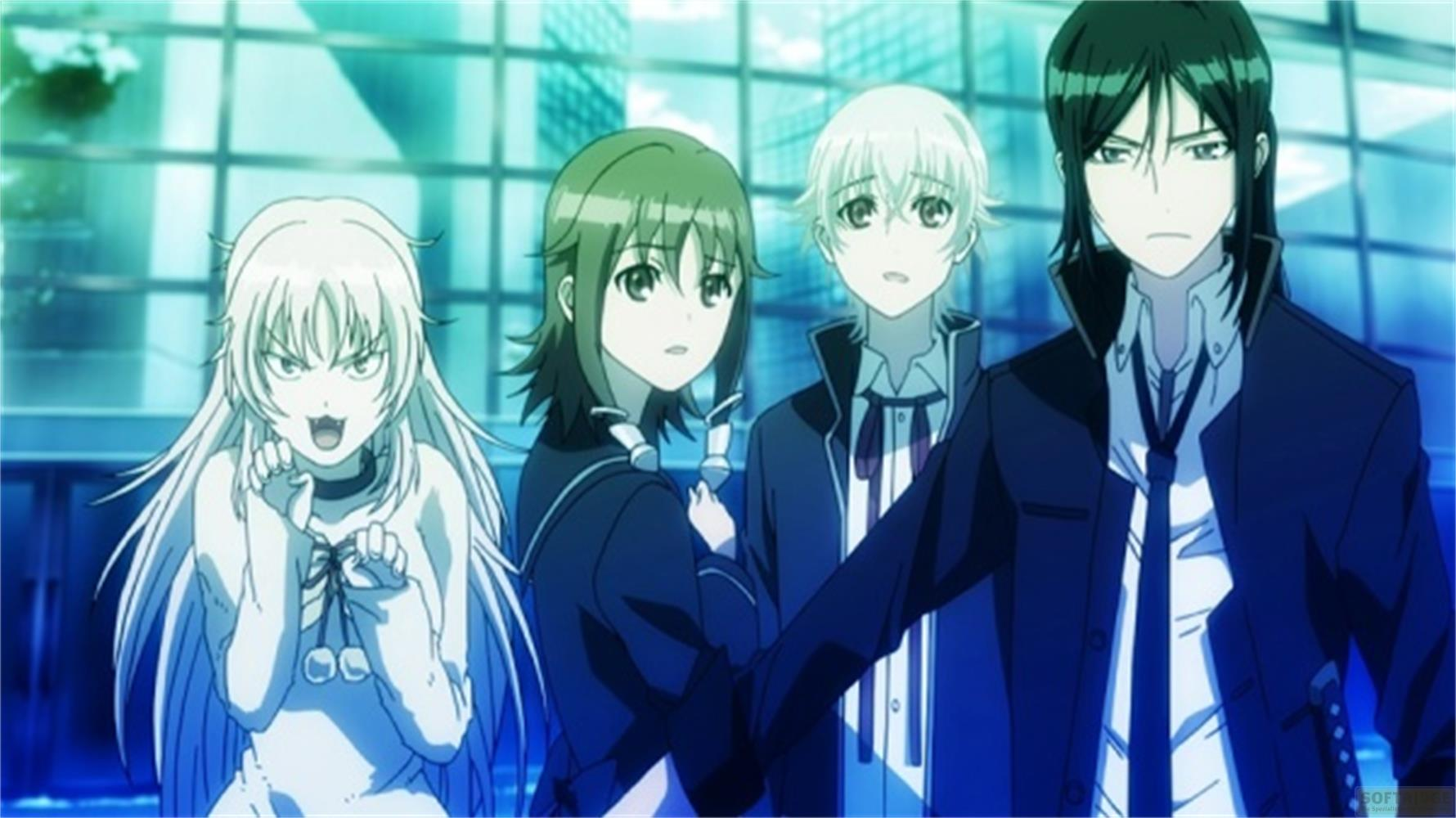 Quattro personaggi anime davanti a uno sfondo urbano blu.