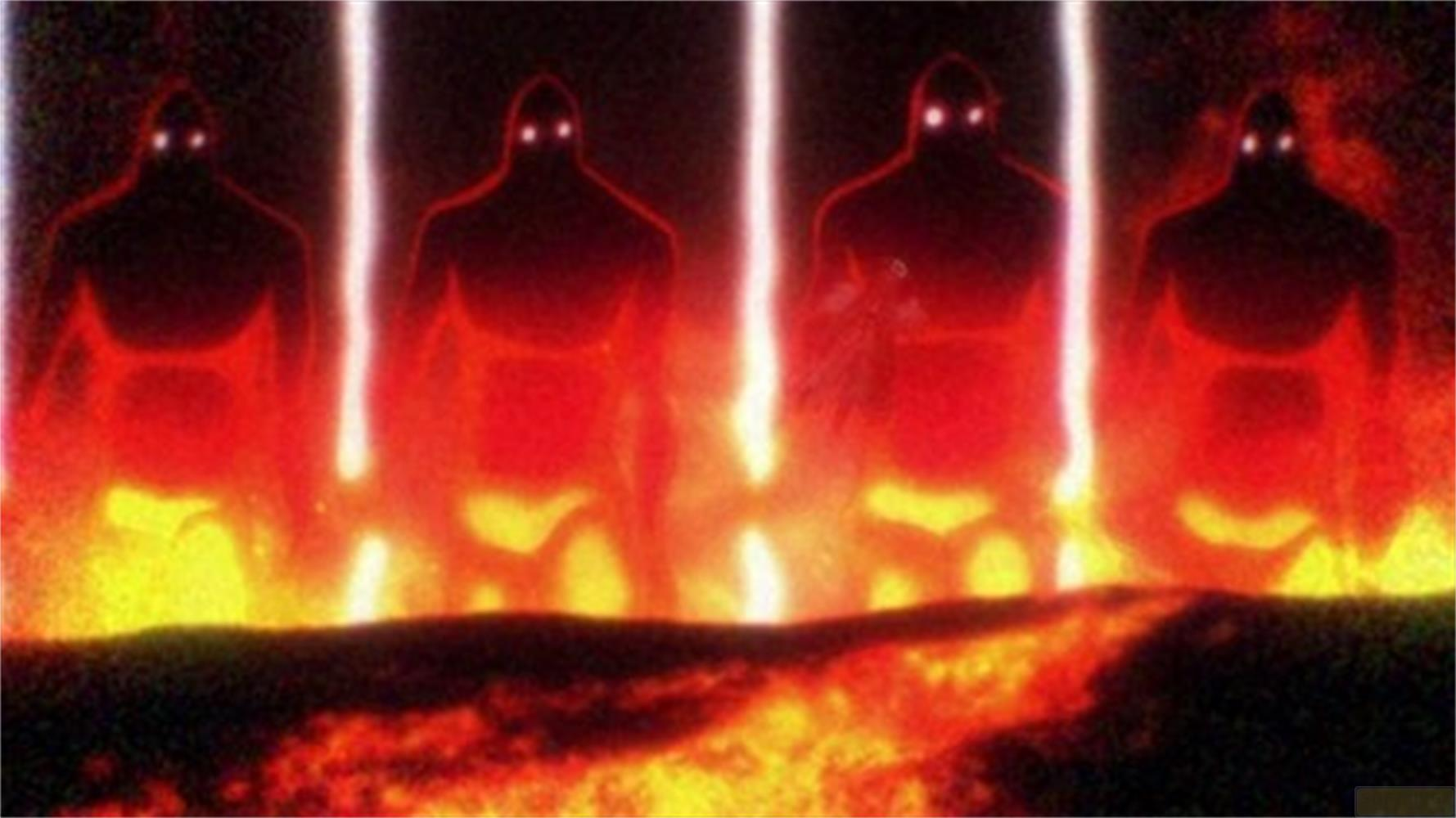 Quattro figure colossali con occhi luminosi si ergono in un paesaggio rosso fuoco.