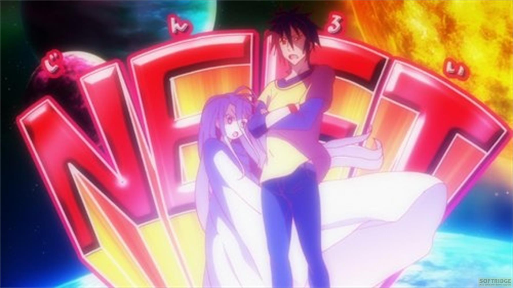 Personaggi anime davanti a scritte rosse brillanti e sfondo spaziale.