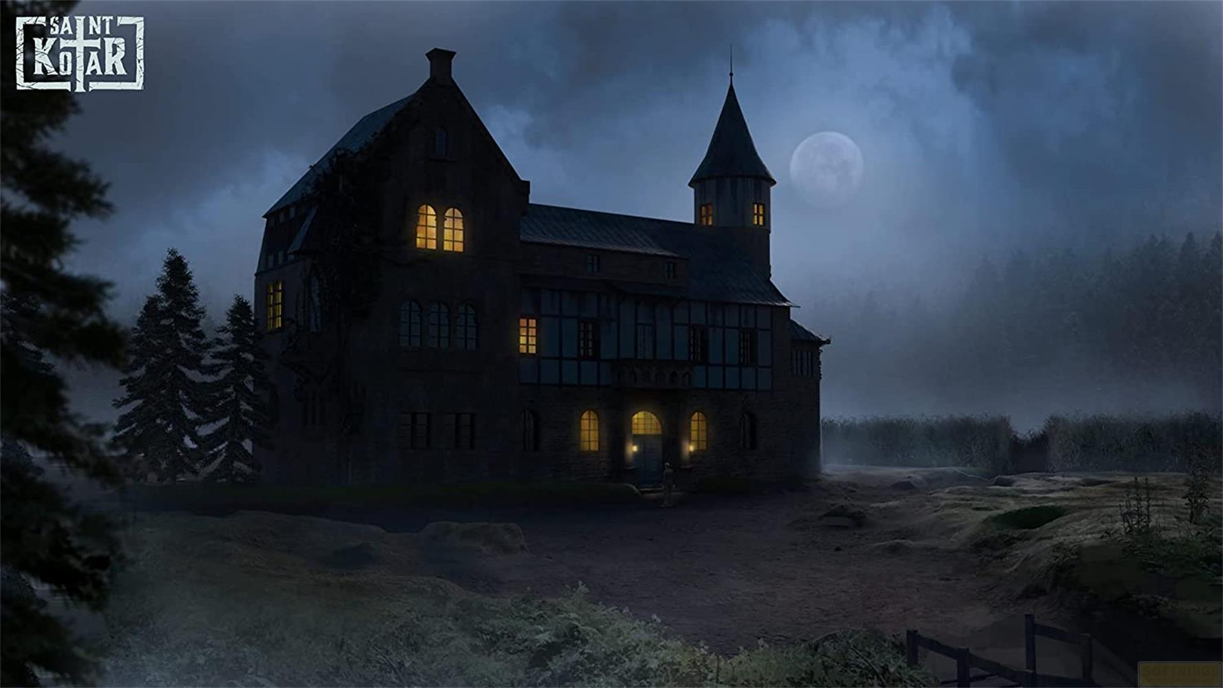 Ein dunkles, imposantes Herrenhaus steht bei Vollmond in einer nebligen Nacht.