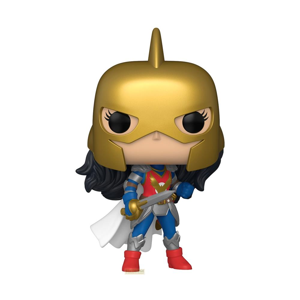 Eine Funko Pop Figur einer Kriegerin mit goldenem Helm, weißem Umhang und Schwert.