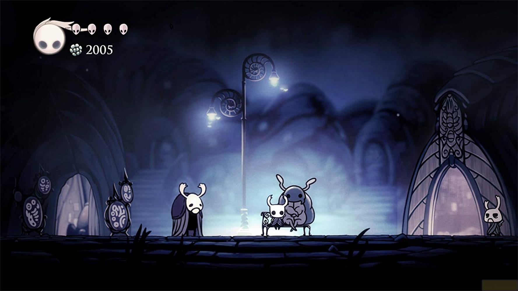 Personnages dans une ville sombre et éclairée avec des éléments architecturaux.