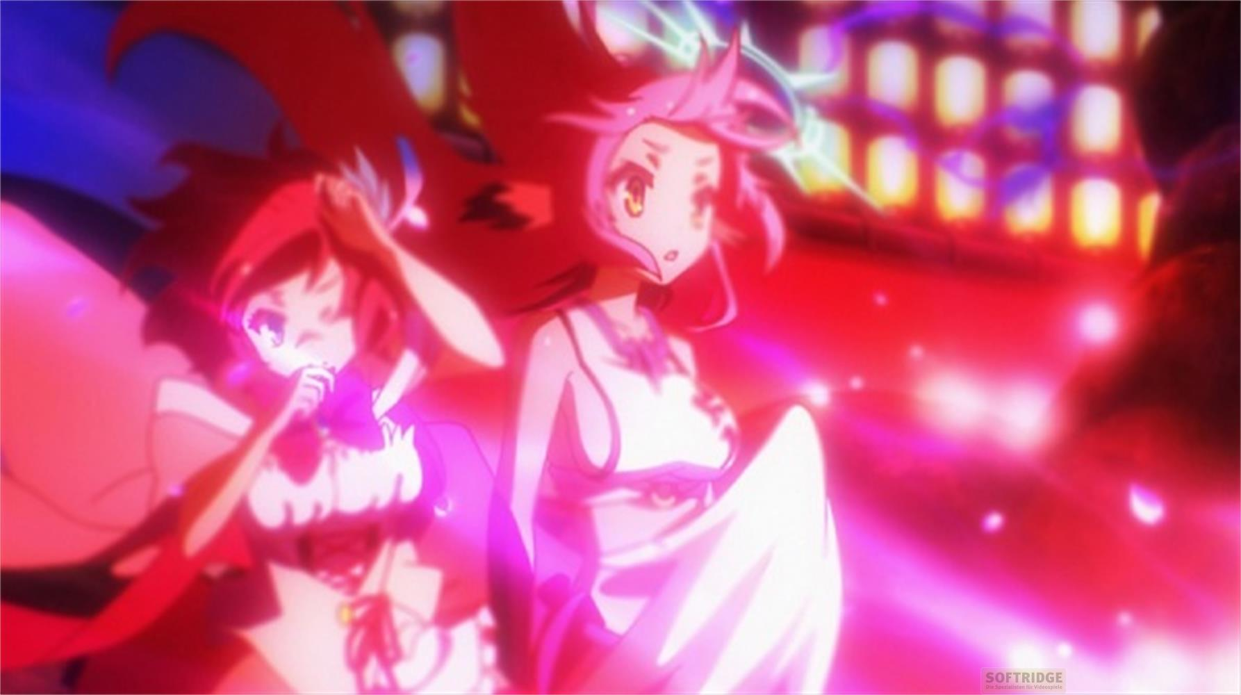 Due ragazze anime con capelli rossi e rosa, in abiti succinti, circondate da vibrante luce rosa e blu.