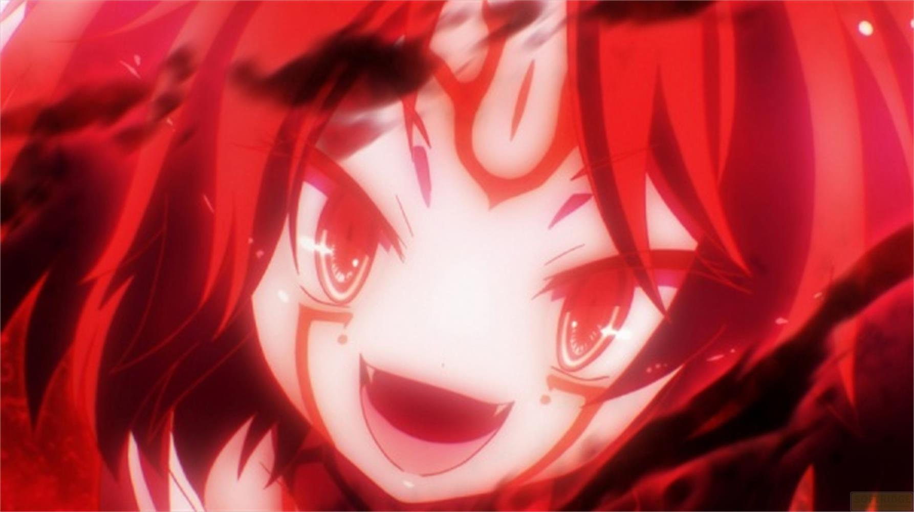 Personaggio anime con capelli e occhi rossi, sorridente, circondato da bagliore rosso.