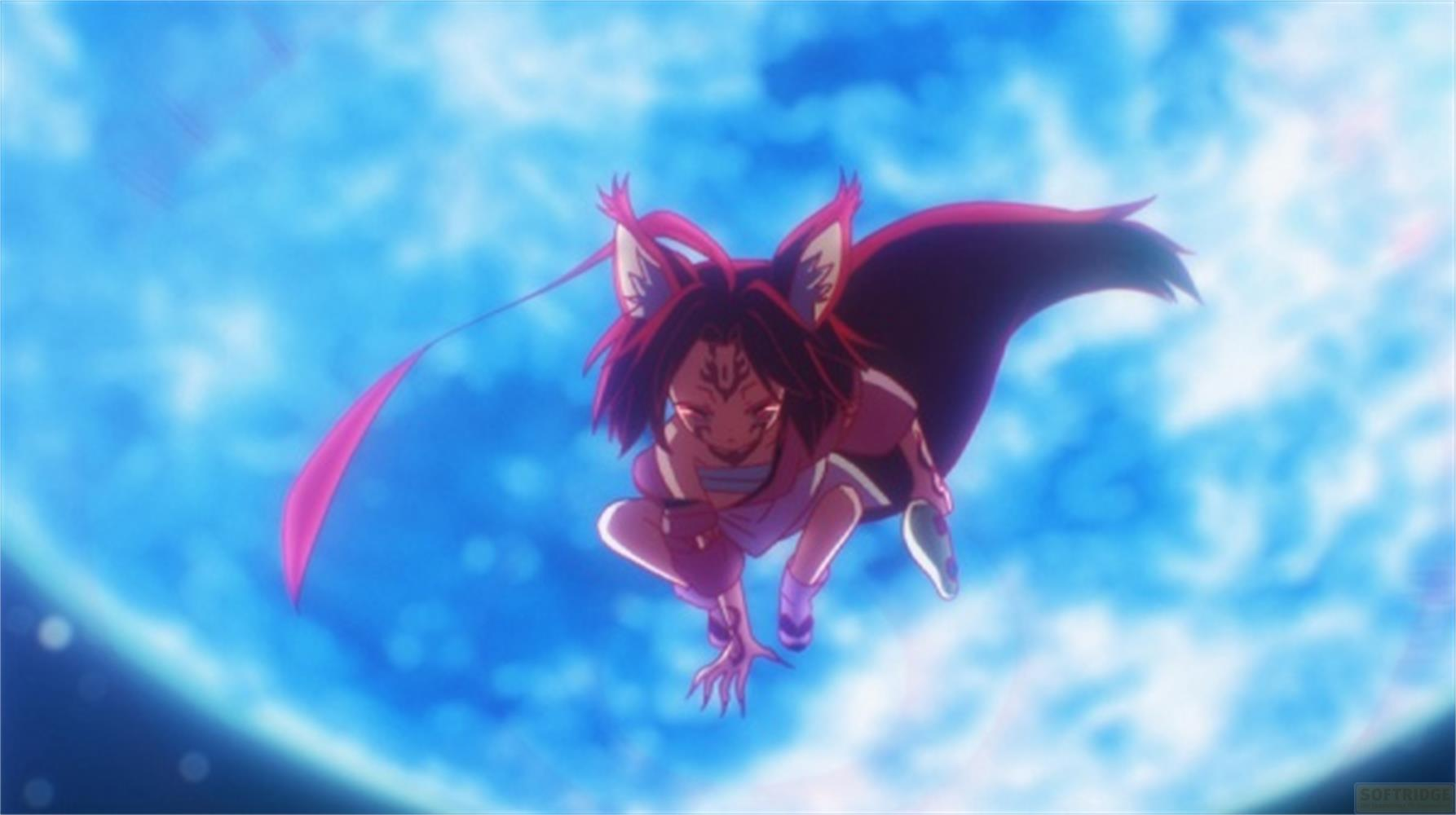 Un personaggio anime con orecchie da gatto e capelli rossi si accovaccia contro un cielo blu.
