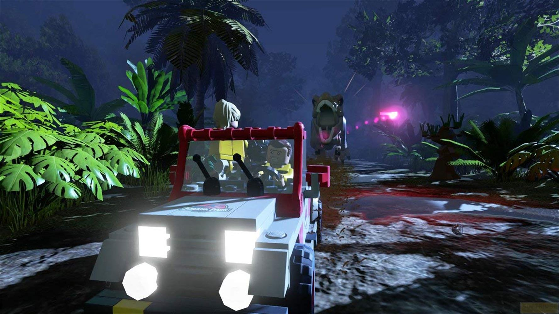 Ein LEGO-Jeep fährt nachts durch einen Dschungel, verfolgt von einem Tyrannosaurus Rex.