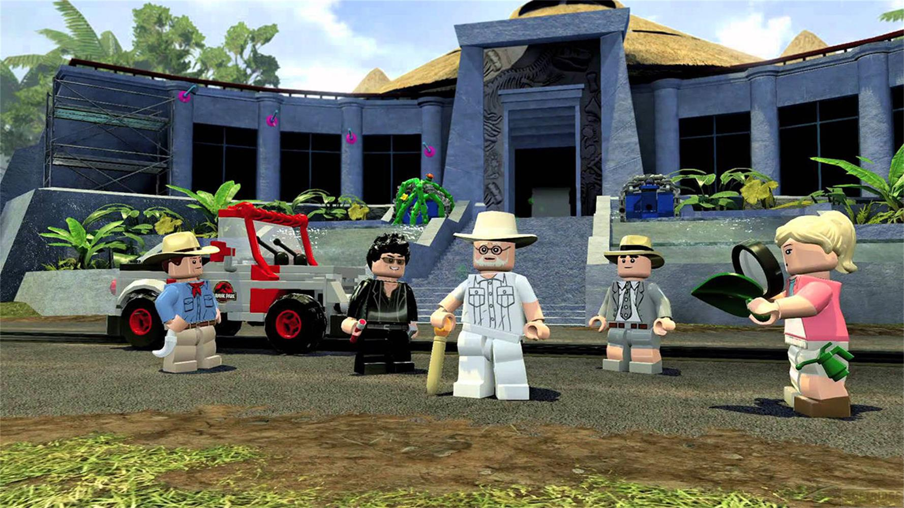 Lego-Figuren vor dem Besucherzentrum von Jurassic Park mit einem Jeep.