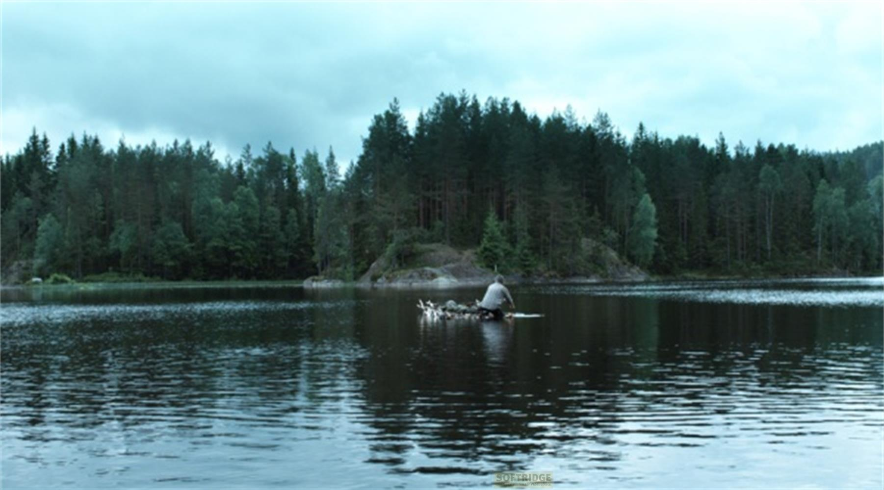 Un homme sur un radeau avec des canards sur un lac devant une forêt dense.