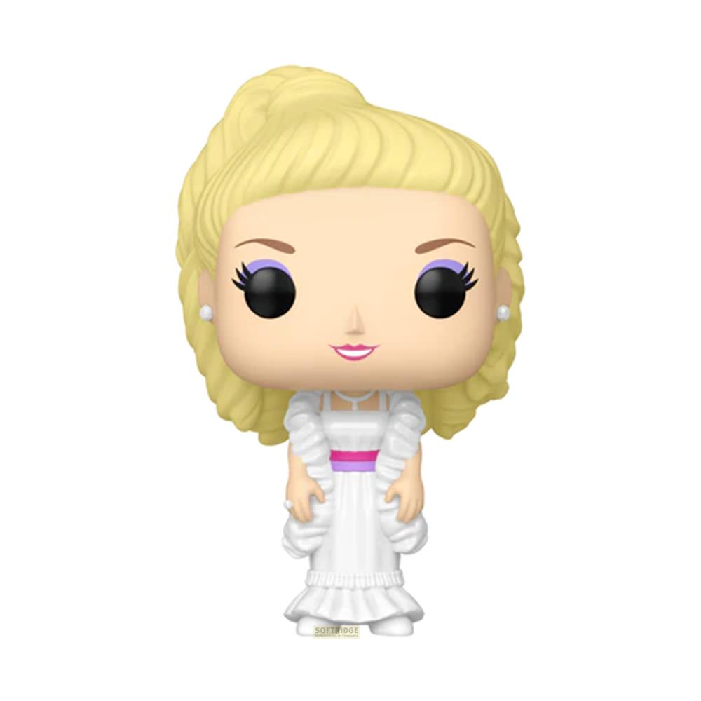 Una bambola Funko con capelli biondi, vestito bianco con cintura viola.
