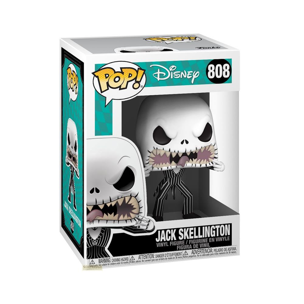 Action figure Funko Pop di Jack Skellington in scatola con finestra, con avvertenze.