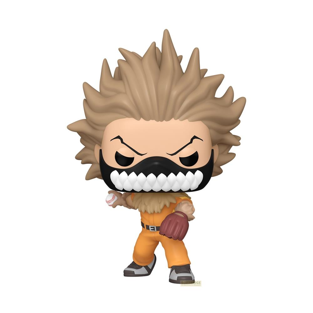 Funko Pop von Hawks aus My Hero Academia in Baseballuniform, hält Ball und Handschuh.
