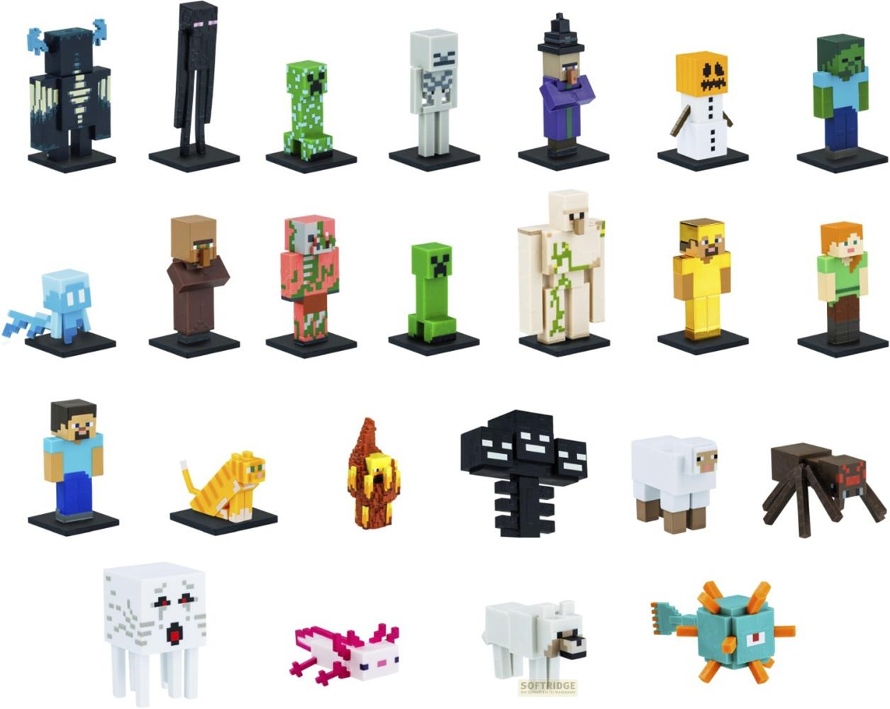 Minecraft Figuren: Skelett, Enderman, Creeper, Skelett, Hexe, Schneemann, Zombie, Geist, Dorfbewohner, Zombie, Creeper, Golem.