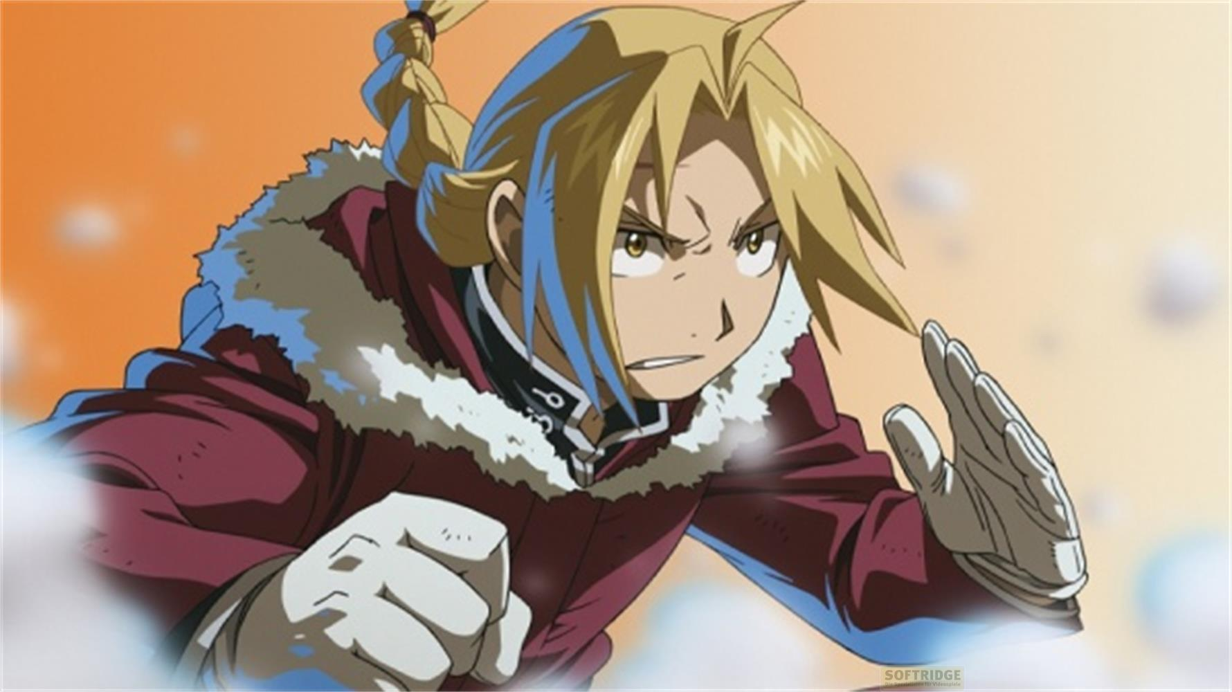 Personaggio anime con treccia bionda, giacca rossa bordata di pelliccia, cielo arancione.