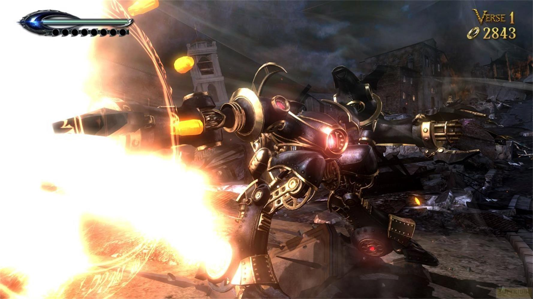 Un mech scuro spara un'esplosione da un cannone, detriti sullo sfondo.