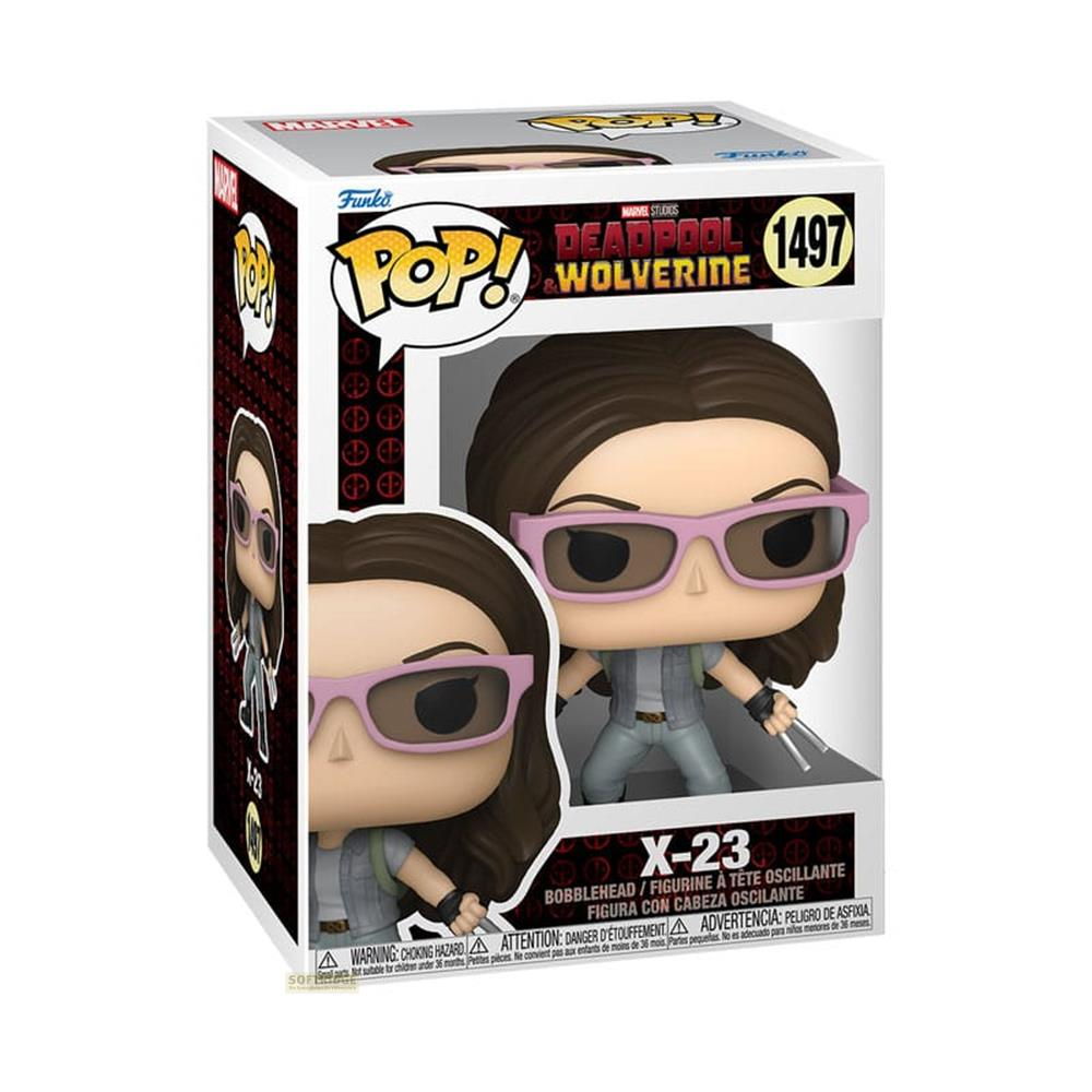 Action figure Funko Pop! X-23 di Deadpool & Wolverine con occhiali rosa e artigli.